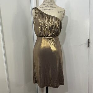 NEW DIANE von FUSTENBERG Draped Gold Metallic One-Shoulder Prom Mini Dress SizeM